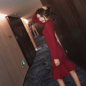 Elegant Wine Red Knit Midi Dress